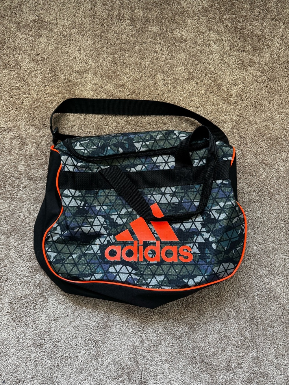 adidas Diablo Small Duffel Gym Bag Zip Adjustable Strap Black/Gray/Orange Camo